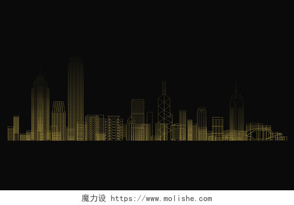 城市剪影大楼建筑金色线描画房产免抠图